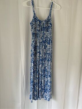 LOFT Blue and White Floral Sundress with Smocked Bodice